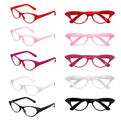 5 Pairs Cat Eye Rhinestone Glasses, Retro Party Costume Glasses for 50's 60's Hip Hop Dress up Halloween Party Favor in Red, Black, White, Pink, Rose Red
