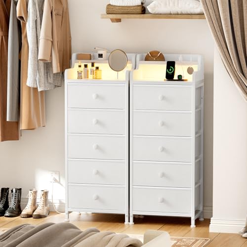 REAHOME 5 Drawer Dresser for Bedroom with Charging Station and LED Lights, White Chest of Drawers with with Shelves, Tall Night Stand with Sturdy Steel Frame & Wood Top for Bedroom - Leather White - Thumbnail 2