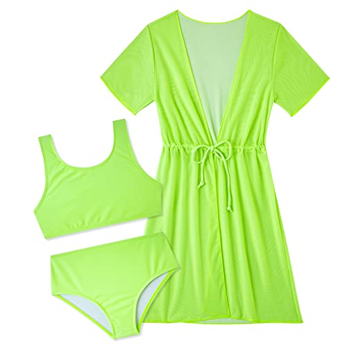 Enlifety Traje de baño de 3 piezas para niñas de 5 a 12 años, bikini con salida de baño de secado rápido, Verde (Bright Green), 8-9 años