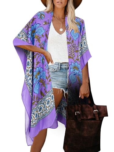 Image of Breezy Lane Women's Kimono Cardigan Summer Swimsuit Coverups Beach Cover Up with Floral Print for Vacation