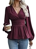 Décontracté, uni, manches longues, col en V, enveloppant, chemisier avec ourlet à volants
