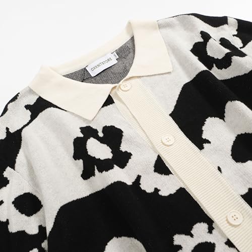 OXKNIT Men's Vintage Knitted Polo Shirt Button Down Black White Polo Short Sleeve Summer Shirt with Flower3