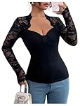 GORGLITTER Women's Sheer Floral Lace Long Sleeve T Shirts Sweetheart Neck Ruched Sexy Skinny Clubwear Tops Black Medium