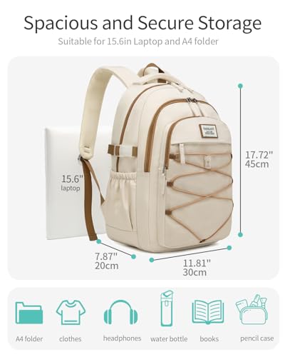 Image of Teen Girls Backpack School Bag, 15.6in Laptop Backpack for Women Work Commuter, Aesthetic College Bookbag for Students, Beige