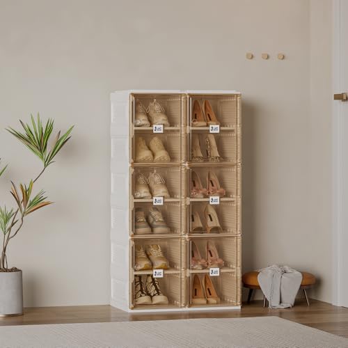 Image of ANTBOX Shoe Organizer Storage Box, Portable Folding Shoe Rack For Closet With Magnetic Clear Door,Large Sneaker Cabinet Bins Sturdy Easy Assembly 6 Layers-12 Grids