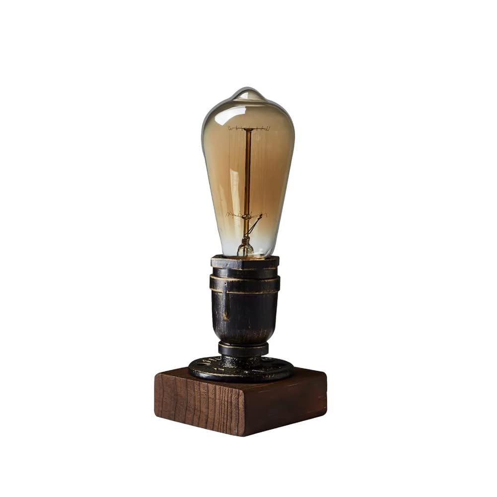JINYU Vintage Weathered Wood Table Lamp, Wooden Base Retro Industrial Steampunk Iron Pipe Desk Light for Bed, Bedroom Living Room, Dining Room, Cafe Bar, Studio, Hallway, Home Decor, E27 220V, No Bulb