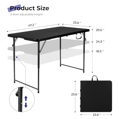 Image of Byliable Folding Table 4 Foot Portable Heavy Duty Plastic Fold-in-Half Utility Table Small Indoor Outdoor Adjustable Height Folding with Carrying Handle, Camping and Party, Black