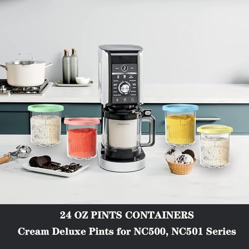 Image of 4 Pack for Creami Deluxe 24OZ Pints and Lids with Neoprene Sleeve,Family Ice Cream Storage Containers for Creami Maker 11-in-1 NC501 NC500 Series (Dishwasher Safe Reusable Leak Proof)