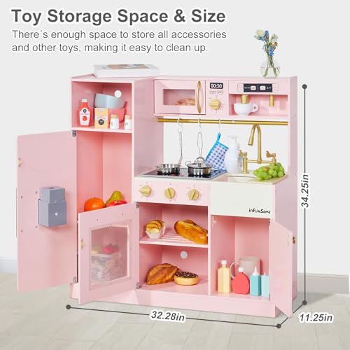 Infunsame IFS2301C Kids Play Kitchen For Chef Pretend Kitchen Playset With Real Lights And Sounds And 14 Pcs Toy Kitchen Accessories, Wooden Toddler Pink Play Kitchen Set thumb #5