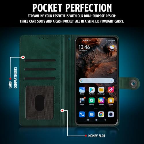 Image of WOW IMAGINE Shock Proof Flip Cover Back Case for Samsung Galaxy M04 | F04 | A04e (Magnetic Button Flip Case | Wallet Pockets & Stand | Leather Finish | Forest Green)