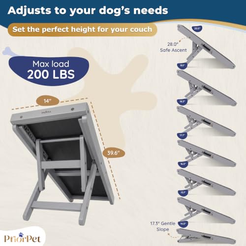 Image of Dog Ramp for Couch - Non-Slip, Sturdy Build Foldable Wooden Dog Ramp - Supports up to 200 lbs - 7 Adjustable Heights (14 inch-20.5 inch) - Enhanced Stability - Birchwood Pet Ramp for Small Dogs - Gray