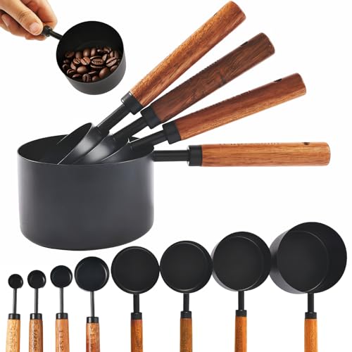 GJPBGK Stainless Steel Measuring Cups and Spoons Set with Acacia Wood Handle, 8-Piece Kitchen Metal Measuring Set, Collapsible Measuring Cups