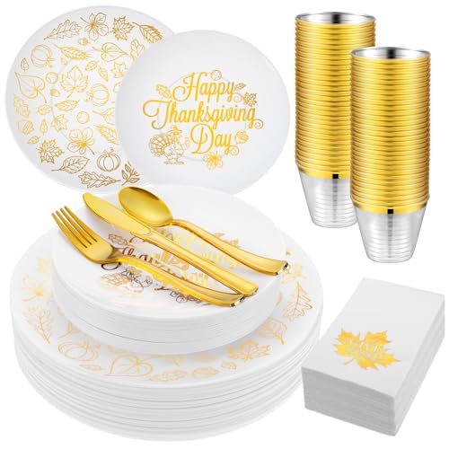 Pickmesh 210 Pcs Thanksgiving Plastic Dinnerware Set, Disposable Plates Includes 30 Dinner Plates 30 Cups 30 Dessert Plates 30 Paper Napkins 30 Forks Knives Spoons Supplies for Thanksgiving Day