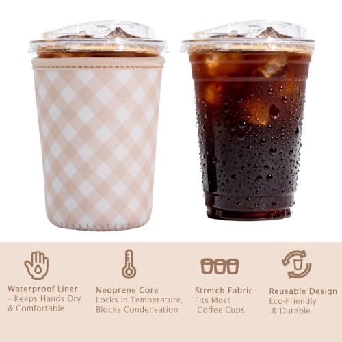 Image of Reusable Insulated Sleeve for Iced Coffee Cup, Coffee Neoprene Sleeve for Cold & Hot Drinks, Beverage Holder for Iced Coffee (Cream Gingham, Small: 16-18oz)