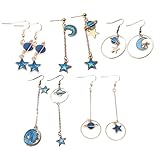 Baluue 5 Paar Asymmetrische Hängeohrringe Mond Stern Satz für Damen Modische Kostümohrringe Ausgefallene Schmuckaccessoires für Hochzeiten und Feiern