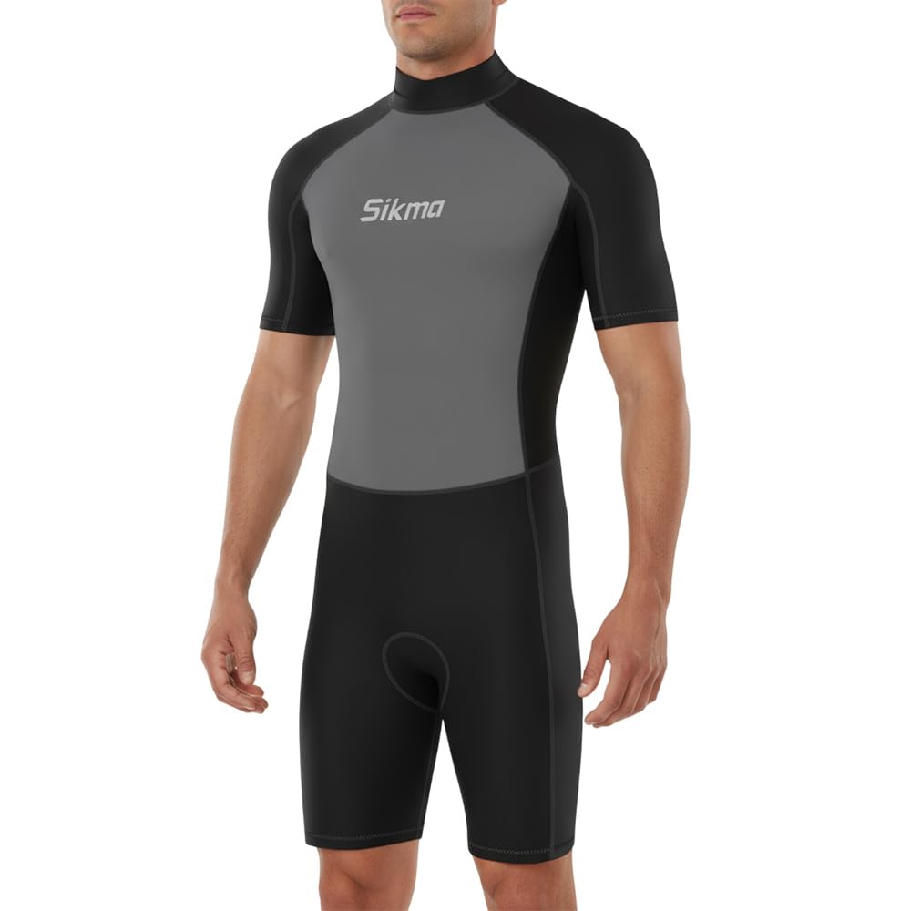 Sikma Men’s Wetsuit 3mm Neoprene Surfing Diving Suit Short Sleeves Back Zip Flexible and Comfortable Perfect for Swimming, Scuba Diving, Snorkeling (Black/Grey, Small)