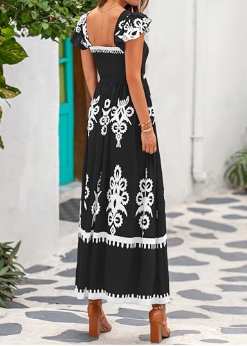 BTFBM Summer Dresses for Women 2025 Floral Smocked Boho Sleeveless Square Neck A Line Casual Beach Maxi Dress Pockets