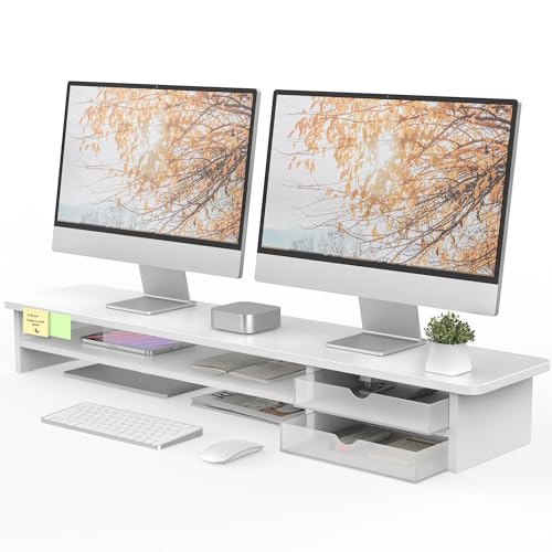 Fenge Dual Monitor Stand Riser with Drawers,2 Tier Wood & Acrylic Desktop Organizer for Computer, Laptop, Printer, TV Screen Riser,White