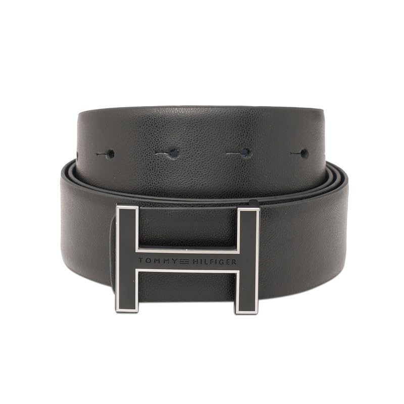 tommy hilfiger Camak Men's Leather Reversible Belt | 2-In-1 Textured Semi-Formal Belt With Matte Black & Gold Outline H-Buckle | Size - S 80Cm-picture-28
