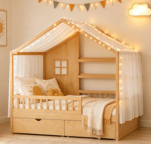 Image of Bellemave Full House BedFrame with Canopy and Storage Drawers, Montessori Bed, House Bed with Rails for Kids, Natural