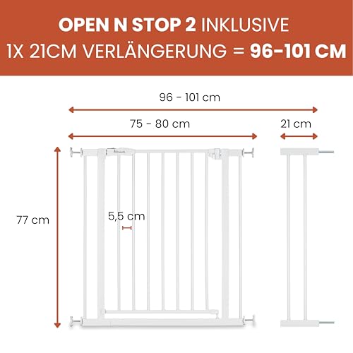hauck Open N Stop 2 + 21 cm Verlängerung, Weiß - Kinderschutzgitter Hundegitter, Verstellbare Breite 96-101 cm, 77 cm Hoch, Beidseitige Einhand Öffnung, ohne Bohren, für Innen