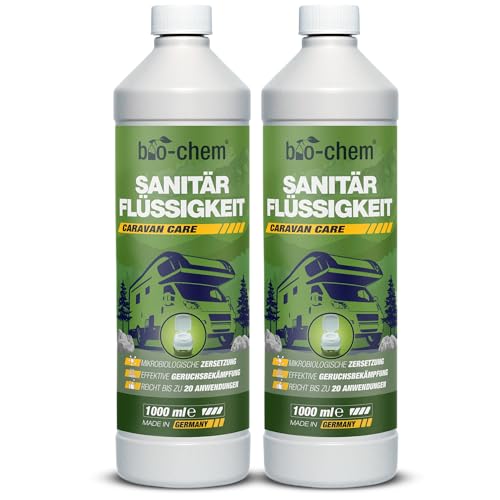 bio-chem Sanitärflüssigkeit für Campingtoilette 2x 1L – Campingtoilette Chemie & Chemietoilette Flüssigkeit – mikrobiologischer Toilettenzusatz – gegen Gerüche & Fäkalien – Made in Germany