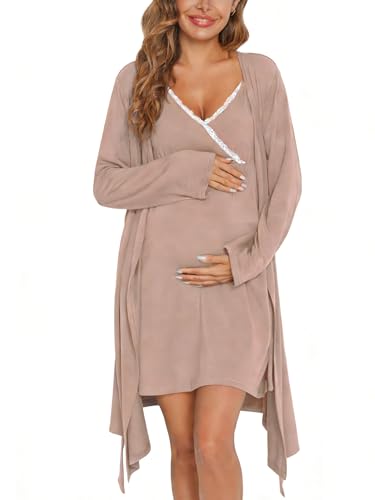 Image of SWOMOG Womens Maternity Robe 2 Piece Nursing Nightgown for Breastfeeding 3 in 1 Labor Delivery Nursing Dress Lace Bathrobe