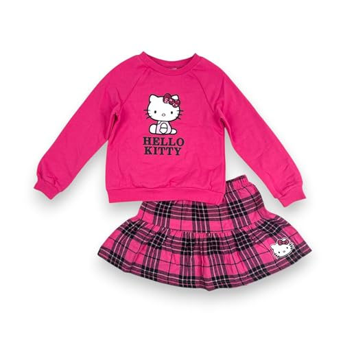 Image of Hello Kitty Girls 2-Piece Outfit Set, Long Sleeve Fleece Sweatshirt and Plaid Flannel Skirt, Fall Winter Clothing - Pink Plaid 4T