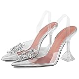 WIRALOMI Women Rhinestone Crystal High Heel Sandals Clear Satin Slingback Wedding Pumps Shoes for Bride