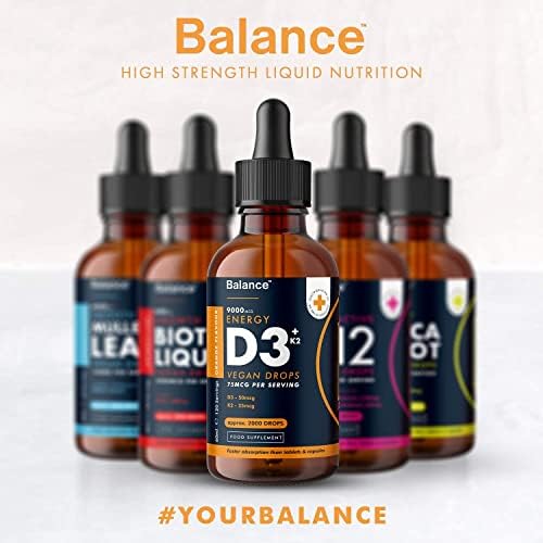 Vitamin D3 + K2 Liquid Drops - Vegan - High Strength 2000iu D3 + 25mcg K2 - 2 Month Supply - 120 Servings - 9,000mcg 60ml Dropper Bottle - Sublingual for Fast Absorption - Made in UK by Balance