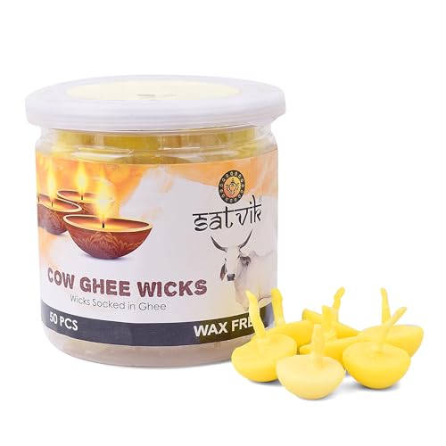 SATVIK Pure Cow Ghee Wicks for Puja Pooja Without Wax for Home and Mandir. Readymade Cow Ghee Jyot Jyoti for Nitya Daily Pujan Indian Housewarming Return Gift Items Puja Accessories (50 Pc- Jar)