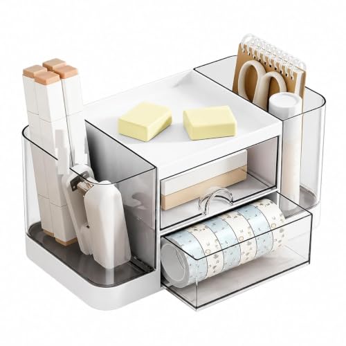 Image of Desk Organizer with 2 side Drawers & Dual Pen Holders Multipurpose Desktop Storage Box for Office Desk Study Table Makeup Vanity Stationery Holder with Transparent Top Tray(multicolor)