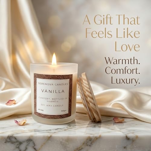 Image of SERENOVA Candles Soy Wax Scented Candle | Burn-time 40 Hours and Upto 60 Hours | 350gm | Handpoured and Handmade | Organic Soy Wax Candle | Aromatherapy Candle (Vanilla)