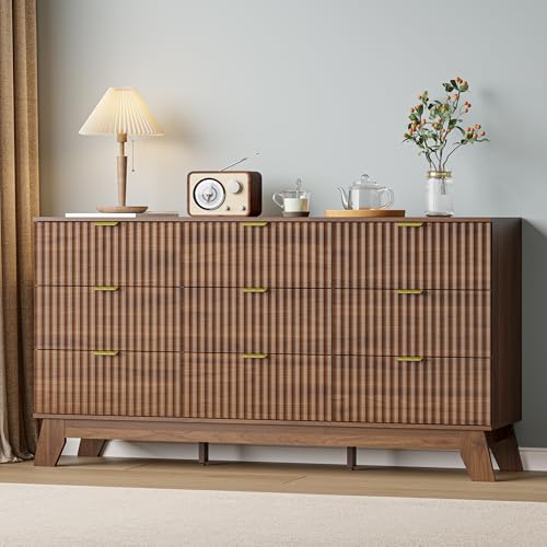 Image of 9 Drawer Dresser for Bedroom, 57''Wide Fluted Wooden Dresser Storage Cabinet and Chest of Drawers with Metal Handle, Storage Organizer for Living Room, Hallway, Entryway, Walnut