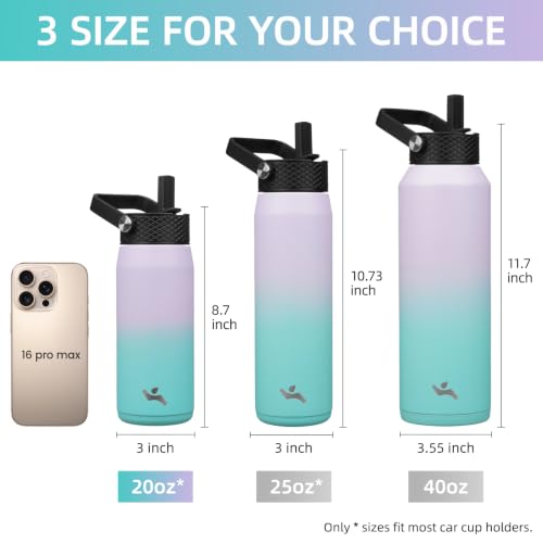 Image of Konokyo 20oz Insulated Stainless Steel Water Bottle with 3 Lids, Leakproof BPA-Free Bottle with Straw Lid, Sip Lid and Flex Cap for Gym, Travel, School, Office, Oasis