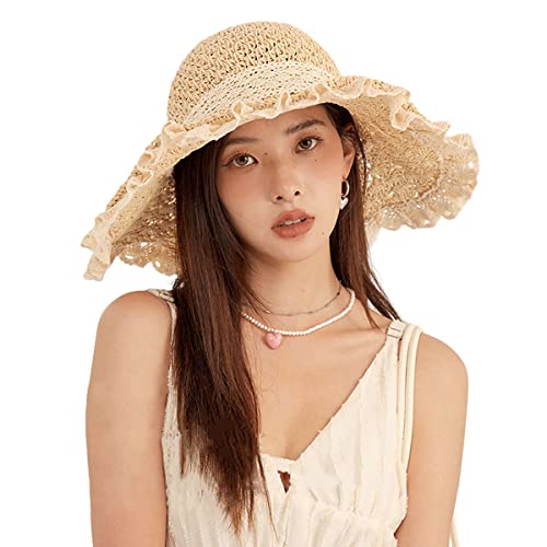Sombrero de paja para mujer con ala ancha y encaje beige miniatura 1