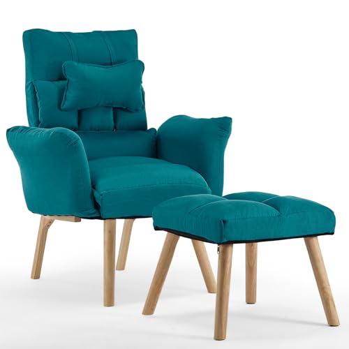 TUKAILAi Sillón de Relax con Reposapiés, Sillón Reclinable con Respaldo Ajustable 360°, de Televisión Terciopelo Marco de Madera Sillon Lectura Dormitorio Comodos 70 * 85 * 100CM (Azul)