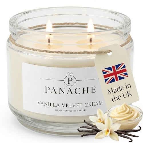 Panache Vanilla Velvet Cream Scented Candle Double Wick Soy Wax Candle 48 Hour Burn Time Hand Poured in UK Clean Burning Cotton Wicks Luxury Glass Jar Candle for Home Fragrance & Gifts (320g)