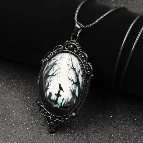 YWMAN Raven Cross Glass Pendant Necklace - Vintage Gothic Rope Chain Crow Choker - Mystic Witch Jewelry Gift Accessories3