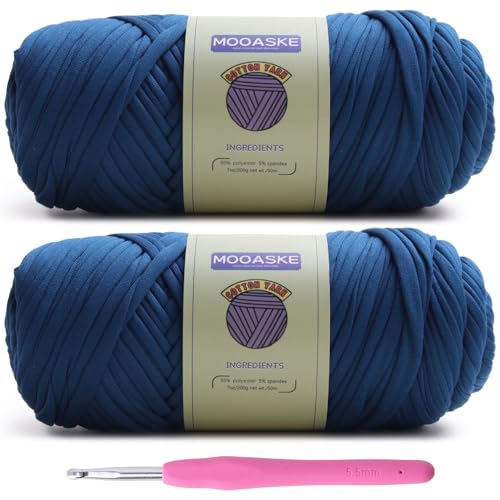 Image of Mooaske 2 Pack T-Shirt Crochet Yarn for DIY Knitting Crochet Cloth Blanket Bag Dolls - 400g Chunky Thick Yarn for Crocheting with Polyester-Spandex Blend Elastic Fabric (Denim Blue)
