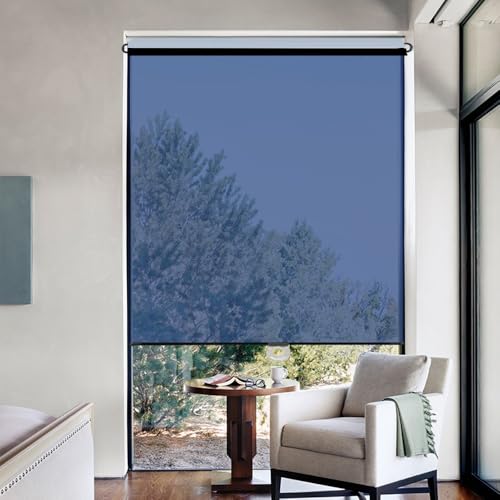 One-Way Mirror Roller Blinds Sun Blocking & Thermal Insulated Privacy Shades for Living Room/Balcony, No-Drill See-Through Window Tint Reflective Blinds for Home Office Glass Doors(Blue,18''W x 59''H)