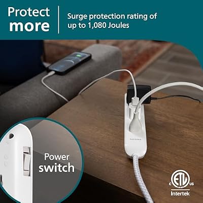 Philips 6 Outlet Power Strip Surge Protector, 6 Ft Power Cord, Designer Braided Extension Cord, Flat Plug, Perfect for Office or Home Decor, 1080 Joules, White, SPC3054WA/37
