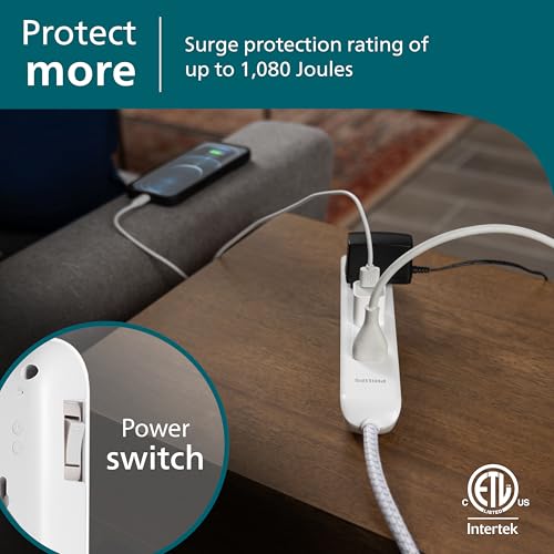 Philips 6 Outlet Power Strip Surge Protector, 6 Ft Power Cord, Designer Braided Extension Cord, Flat Plug, Perfect for Office or Home DÃƒ©cor, 1080 Joules, White, SPC3054WA/37