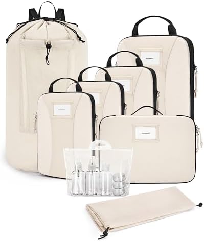 BAGSMART Compression Packing Cubes, 8 PCS Packing Cubes for Suitcases, Travel Bags Organizer for Luggage, Lightweight Packing Cube for Travel Essentials, with Laundry Bag, Beige