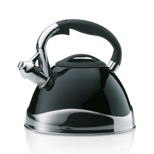 kela hervidor inducción 3L, hervidor flauta acero inoxidable, para todo tipo de placas, con apertura segura de la tapa del caño por botón, VARUS, hervidor de té negro brillante
