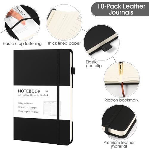 Carnets de notes lignés A5 VZZNN en cuir synthétique, lot de 10 classiques pour le travail - 2