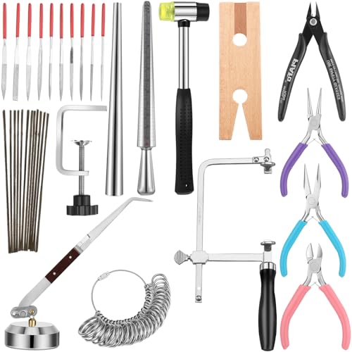 Chumia Jewelers Tools Set Including Jewelers Saw Frame 144 Blades Third Hand Tweezers Wooden Pin Clamp Multipurpose Needle File Wooden Ring Clamp Ring Sizer Mandrel Measuring Tool Mallet Hammer