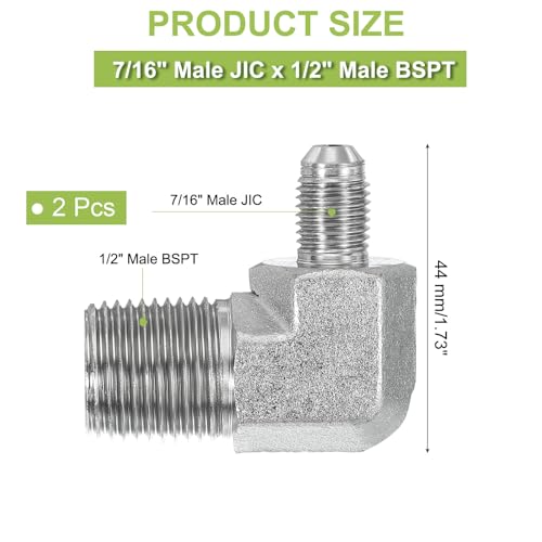 Image of PATIKIL 90 Degree Pipe Adapter, 2 Pcs 7 /16 inch Male 37 Flare JIC x 1 /2 inch BSPT Male Connector Carbon Steel Elbow Fitting for Air Hydraulic Fluid Fuel Water Oil, Silver