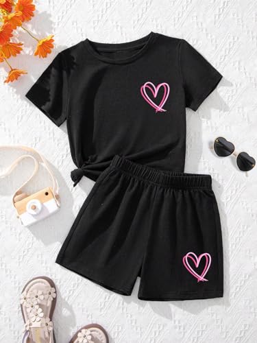 Image of SweatyRocks Girl's 2 Piece Outfits Tie Dye Short Sleeve Crewneck Top and Shorts Set Black Heart 9Y