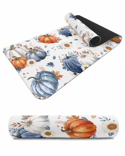 Debedcor Heat Proof Table Pads Waterproof Decorative, Blue Orange White Pumpkins Fall Non-Slip Table Countertop Protector, Thanksgiving Sunflower Insulation Mat for Dining Room, 48 x 12 Inches